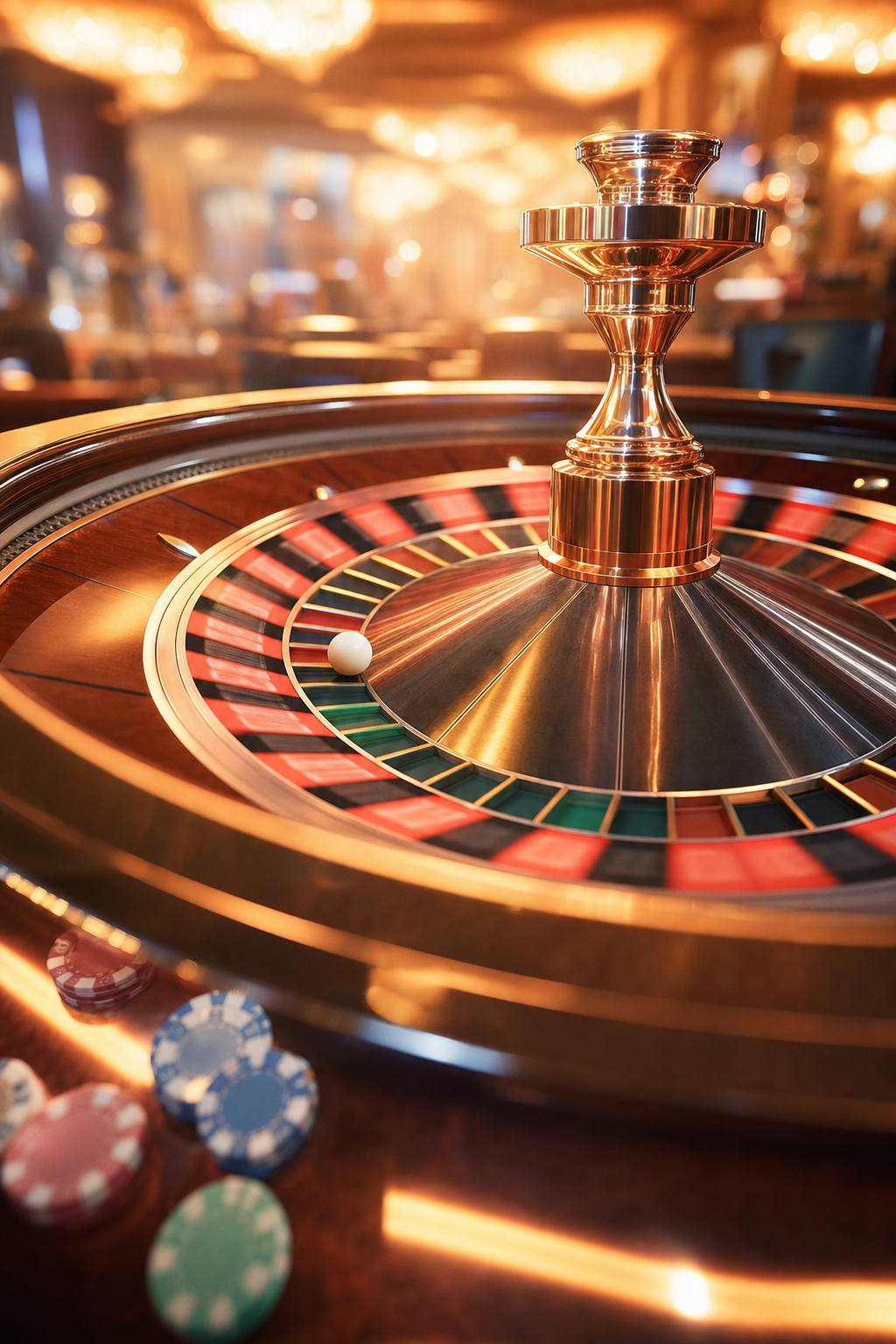 Rueda de ruleta girando bajo una luz cobriza cálida y luminosa