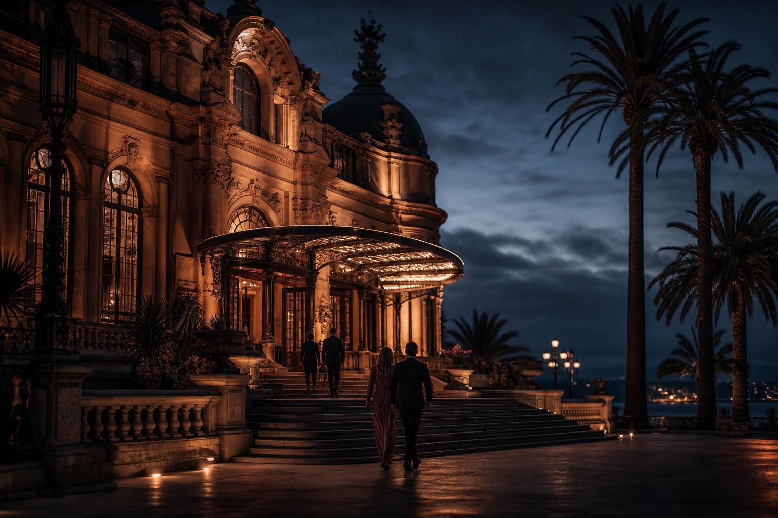 Fachada de un elegante casino costero chileno al atardecer, con visitantes subiendo la escalinata y el Pacífico de fondo