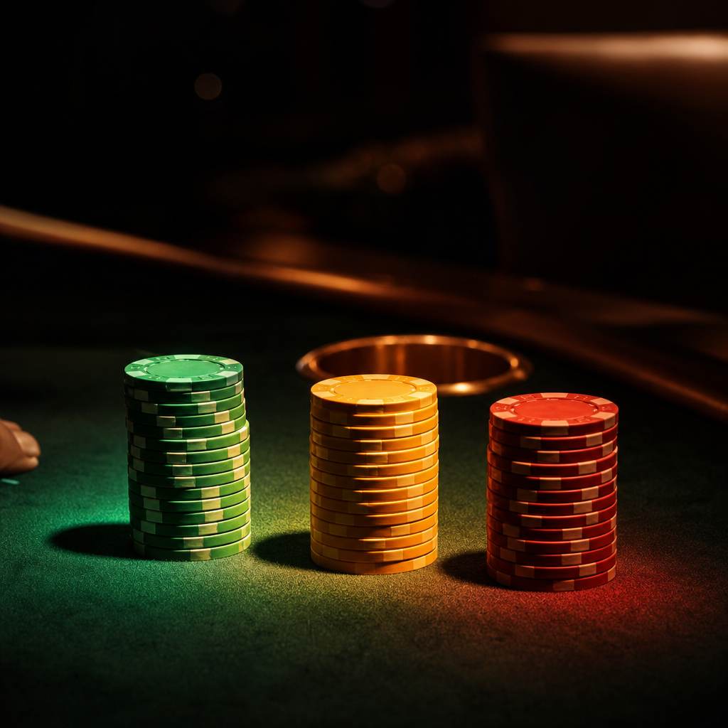 Tres pilas de fichas de casino iluminadas en verde, ámbar y rojo, que representan el puntaje de seguridad de cada casino