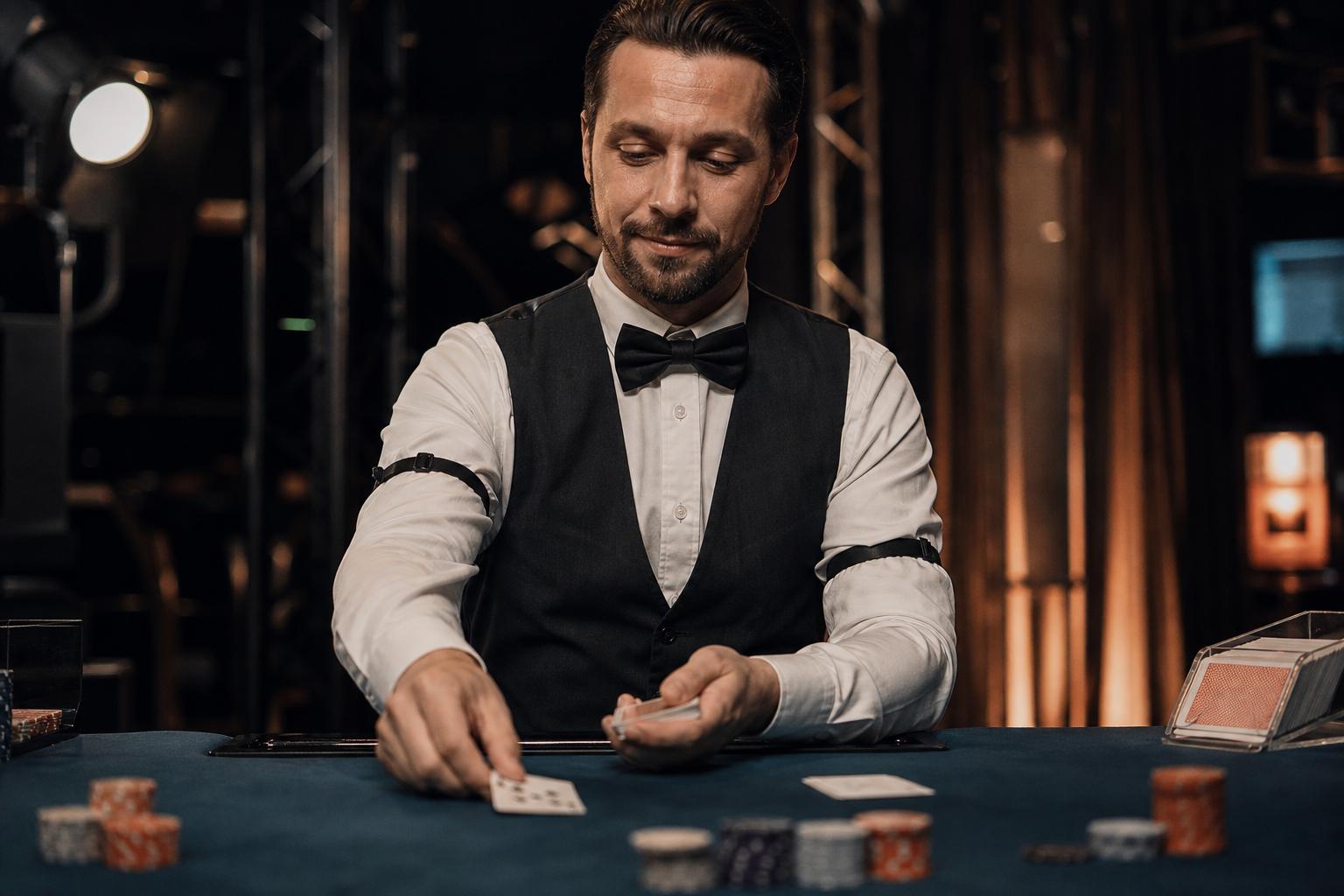 Una crupier profesional reparte cartas en una mesa de blackjack de un estudio de casino en vivo
