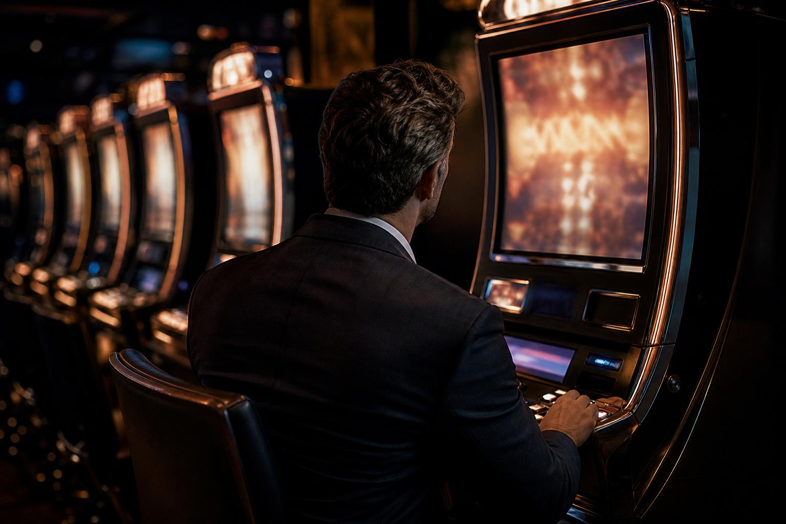 Una jugadora sonríe frente a una tragamonedas moderna en un salón de casino, con el reflejo cobrizo de la máquina en su rostro