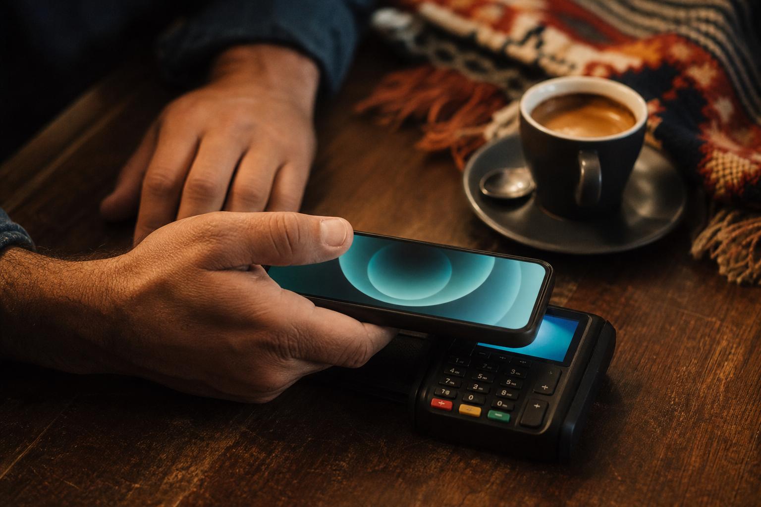 Las manos de un hombre acercan un teléfono a un terminal de pago sin contacto sobre un escritorio de madera