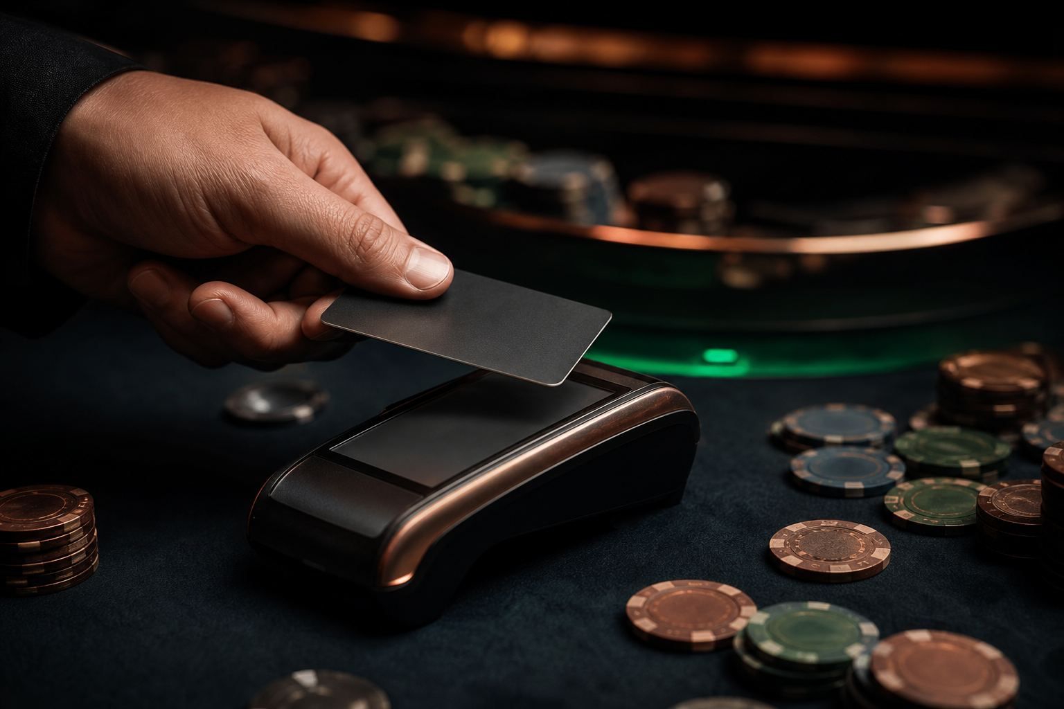 Una mano acerca una tarjeta sin contacto a un terminal de pago, con fichas de casino desenfocadas al fondo