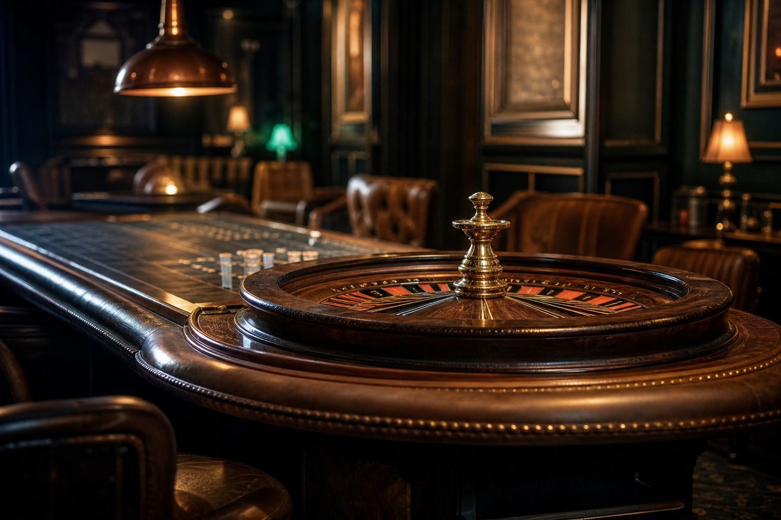 Interior de una sala de juego clásica con una mesa de ruleta de bronce y sillones de cuero al fondo