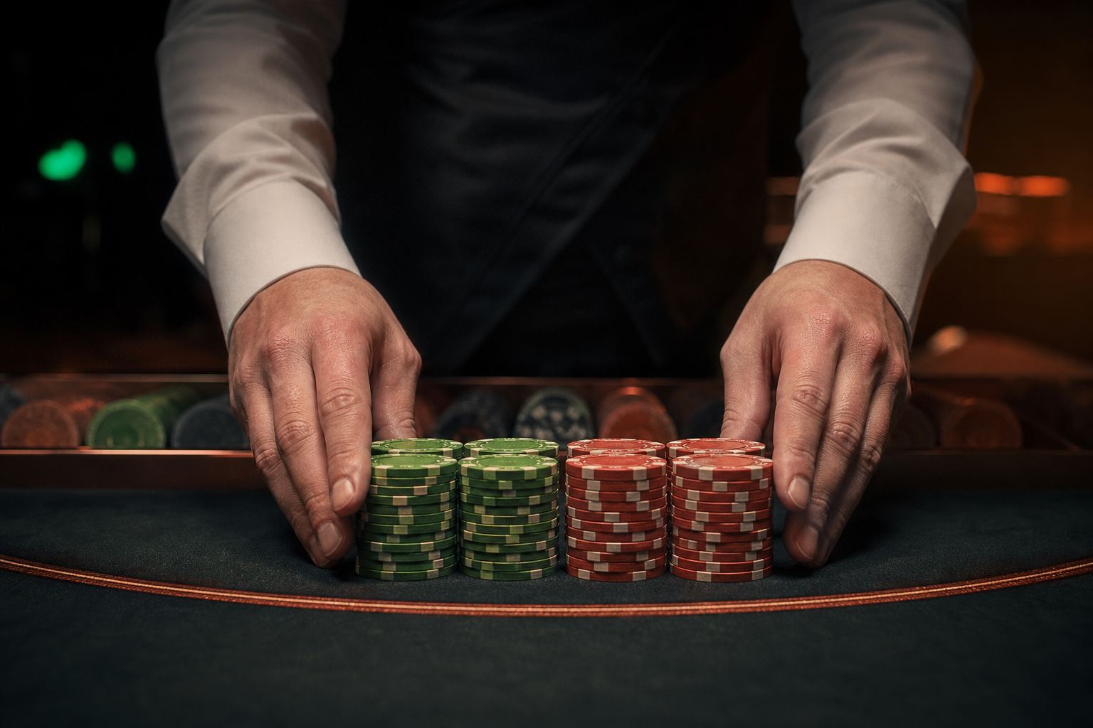 Las manos de un crupier alinean dos torres de fichas perfectamente ordenadas sobre el paño de una mesa de casino
