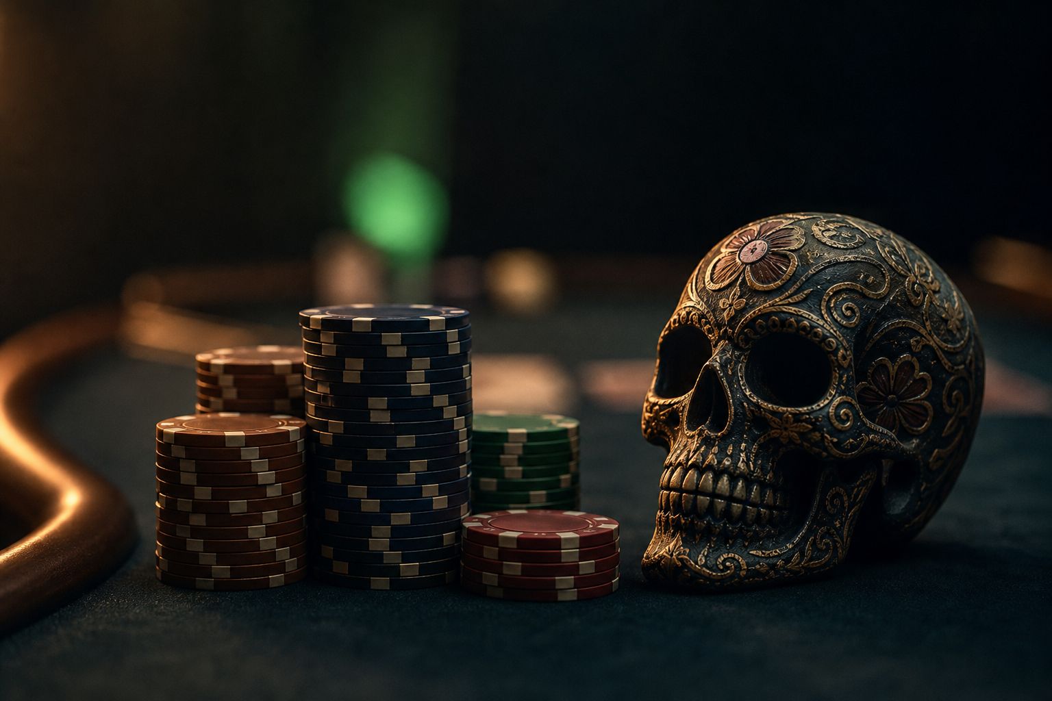 Fichas de casino apiladas junto a una calavera decorativa sobre el paño de la mesa