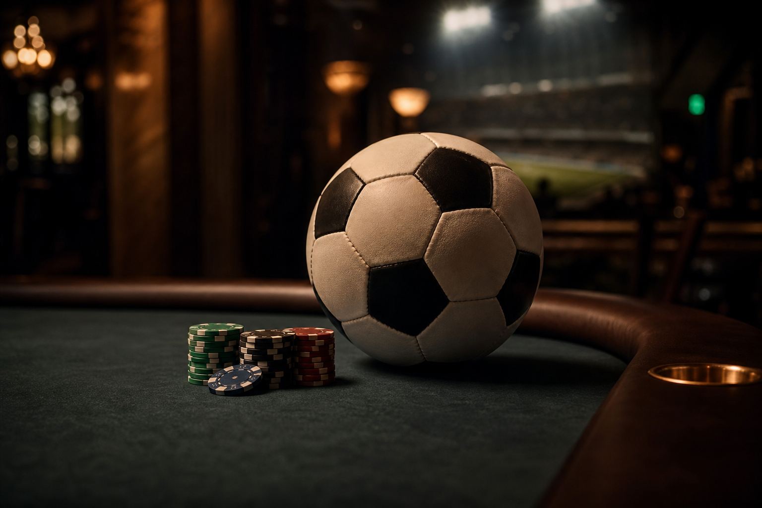 Un balón de fútbol de cuero descansa sobre el paño verde junto a una pila de fichas de casino
