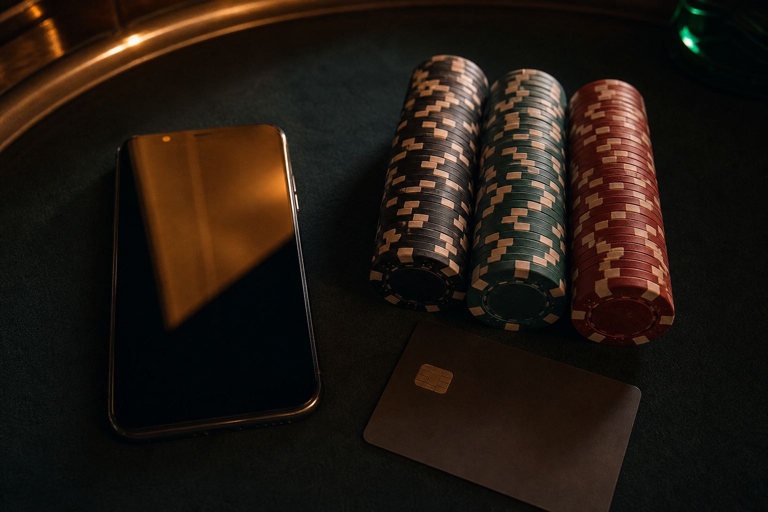 Un teléfono apoyado junto a filas de fichas de casino y una tarjeta bancaria sobre el paño de la mesa