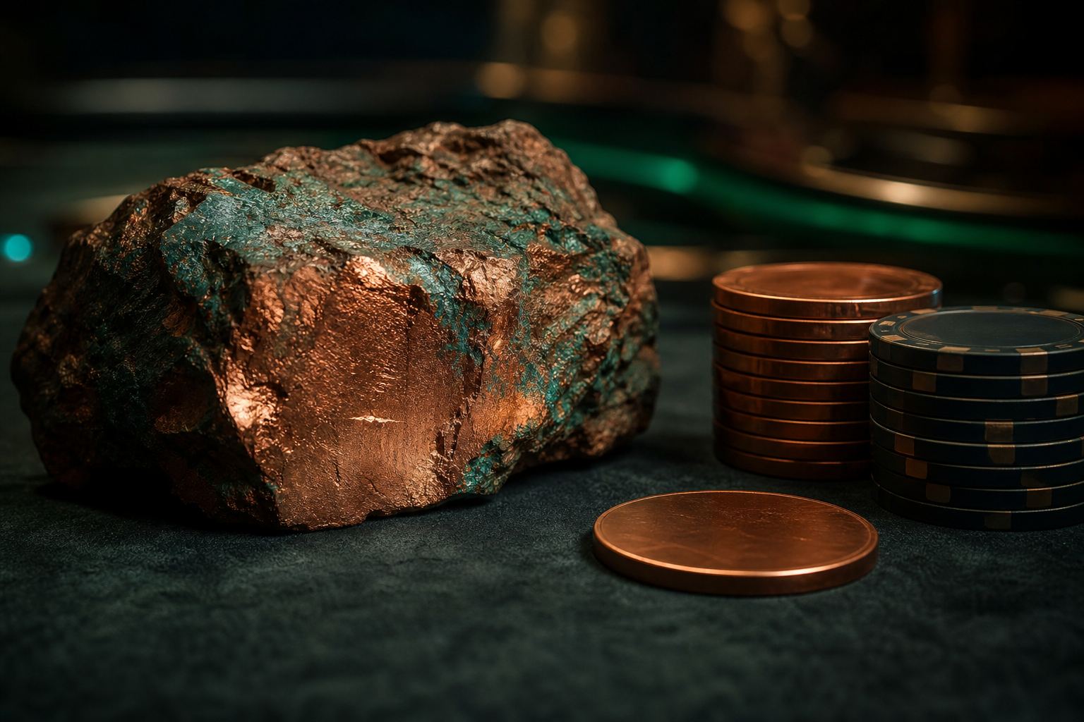 Un trozo de mineral de cobre en bruto con vetas verdosas descansa sobre el paño junto a pilas de fichas de casino